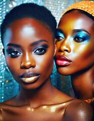 Obraz premium Two Beauty Models with stylized makeup in an array of bold metallic colors 