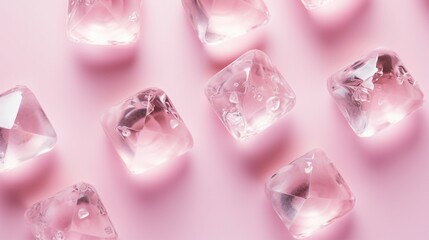 Top View of Crystal Clear Ice Cubes on a Pink Backdrop - Close-Up Image of Chilling Refreshment with Melting Drops - Studio Shot for Cool and Fresh Summer Beverages