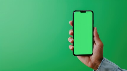 hand holding smartphone showing green screen mobile app advertisement and excited