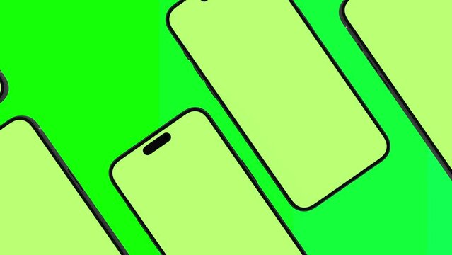 Mobile Phone Pattern with Green Screen on green background with alpha channel flat lay . Group of Smartphone Moving Vertically. Brand Identity, Business Cells Advertising and Social Posts
