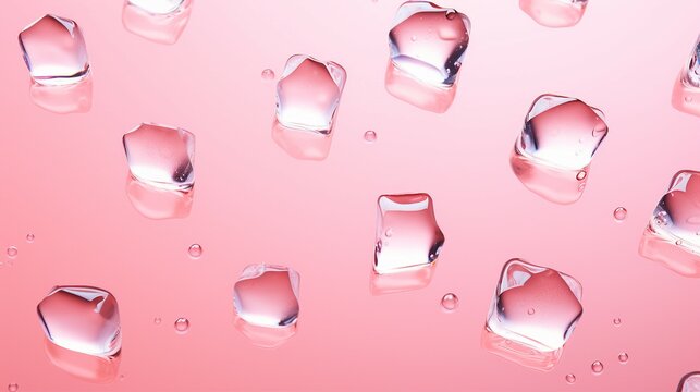 Top View of Crystal Clear Ice Cubes on a Pink Backdrop - Close-Up Image of Chilling Refreshment with Melting Drops - Studio Shot for Cool and Fresh Summer Beverages