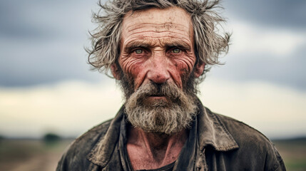Portrait of an old man of a tired working farmer in dirty work clothes against a blurred background of a field and farmland. Rural life. Strength of spirit and diligence - obrazy, fototapety, plakaty