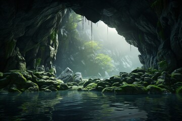 A beautiful cave with green trees on a tropical island - obrazy, fototapety, plakaty