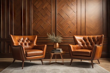 leather armchairs in room with wall decorated with copper paneling
