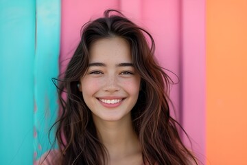 A portrait of a smiling brunette woman, colorful wooden background.