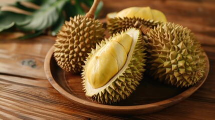 Long Laplae Durian on wood plate,It is the most expensive and most delicious of all durians