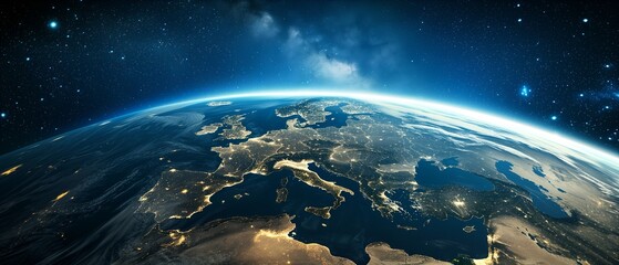 Realistic photo taken from space of planet Earth showing the continent of Europe, with stars in the background - obrazy, fototapety, plakaty