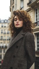 A portrait of a stylish and beautiful French woman with curly hair, wearing a coat.