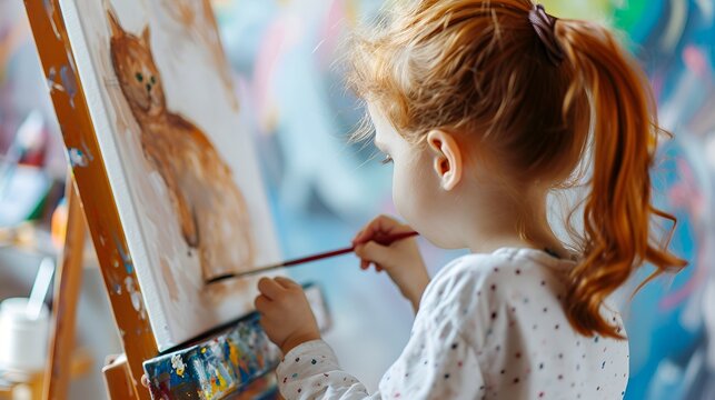 Portrait photography, back view of redhead child painting a cat on canvas in art school