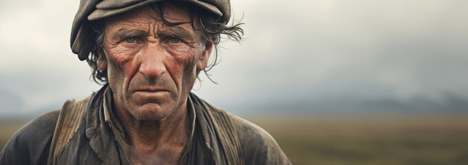 Portrait Close-up of farmer man in field with a firm and confident expression of his face, speaking of diligence, fortitude, against blurred background. Endurance and perseverance. Banner. Copy space - obrazy, fototapety, plakaty