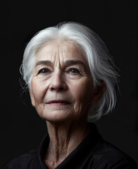 Obraz premium face of an old woman with wrinkles on her face and white hair. White hair. Isolated black background.
