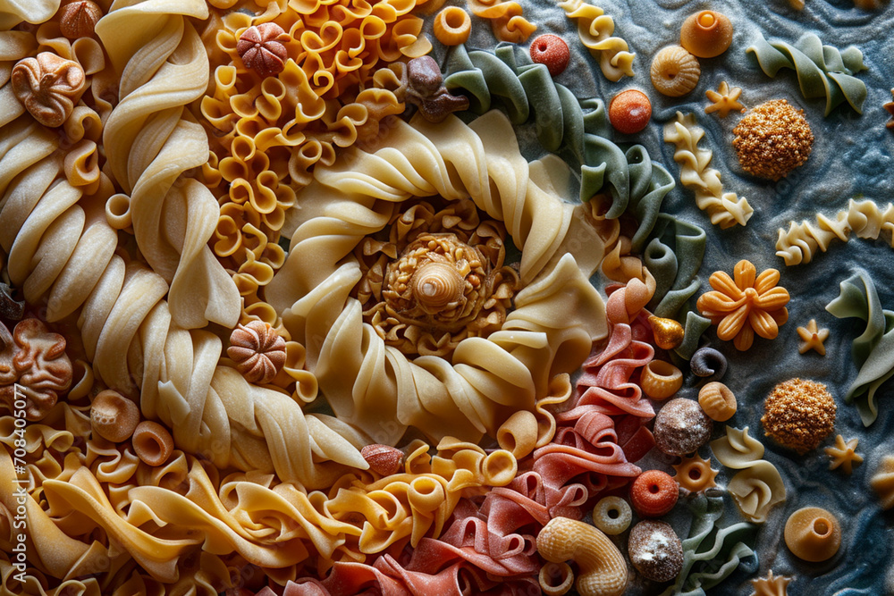 Aufkleber an image of a whimsical pasta whirlpool with different pasta shapes forming interesting patterns and