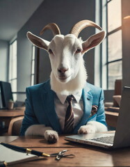 White goat wearing business suit sits at its desk in office with laptop