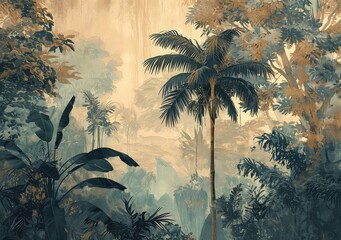 Watercolor pattern wallpaper. Painting of a jungle landscape.