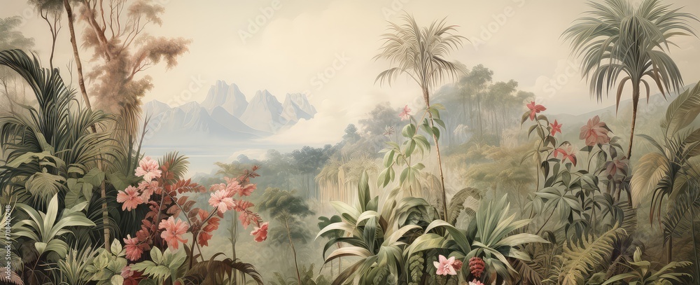 Wall mural watercolor pattern wallpaper. painting of a jungle landscape.