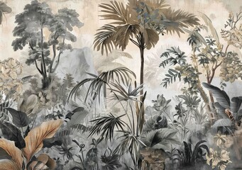 Watercolor pattern wallpaper. Painting of a jungle landscape.