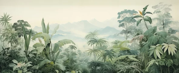 Deurstickers Watercolor pattern wallpaper. Painting of a jungle landscape. © Simon