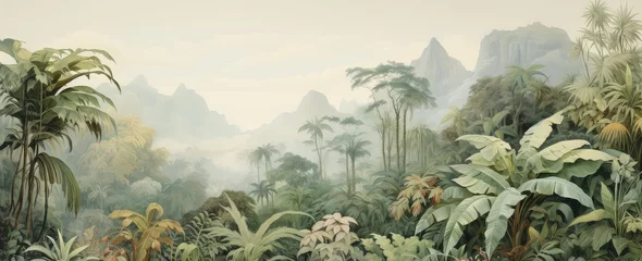 Fototapeten Watercolor pattern wallpaper. Painting of a jungle landscape. © Simon
