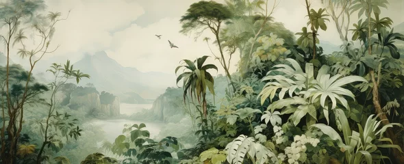 Cercles muraux Beige Watercolor pattern wallpaper. Painting of a jungle landscape.