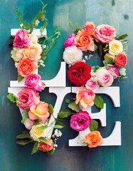 Word Love decorated colorful tender roses