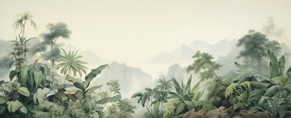 Watercolor pattern wallpaper. Painting of a jungle landscape. © Simon