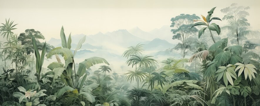 Fototapeta Watercolor pattern wallpaper. Painting of a jungle landscape.
