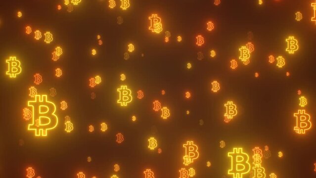 Fly Through Bright Golden Neon Glowing Bitcoin BTC Logo Symbol Shapes - 4K Seamless VJ Loop Motion Background Animation