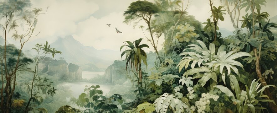 Fototapeta Watercolor pattern wallpaper. Painting of a jungle landscape.