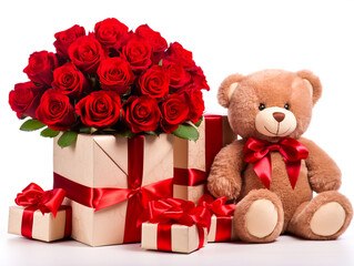 Toy bear with gift and Bouquet of roses with red ribbons