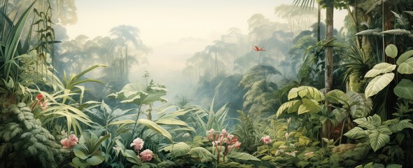 Watercolor pattern wallpaper. Painting of a jungle landscape. - obrazy, fototapety, plakaty