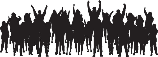 vector silhouette of a crowd of people watching a music concert in front of the stage with cheering and waving hands, suitable for poster, banner or advertising elements for concerts and parties - obrazy, fototapety, plakaty