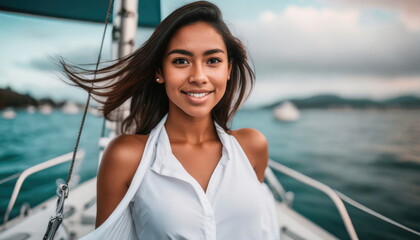 young adult woman, tanned skin tone, hispanic latina relaxing on yacht - obrazy, fototapety, plakaty