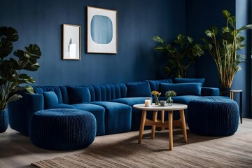 Blue sofa with blue wall and photo frames on wall.