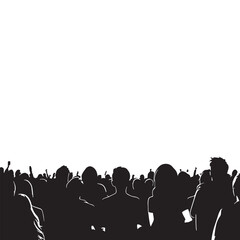 vector silhouette of a crowd of people watching a music concert in front of the stage with cheering and waving hands, suitable for poster, banner or advertising elements for concerts and parties