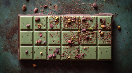 A depiction of a pistachio-filled chocolate bar, with sections revealing the creamy center.