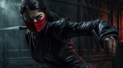 Fototapeta na wymiar Futuristic female ninja with sharp gaze AI generated image