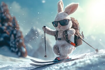 Cool Easter bunny with sunglasses skiing in the mountains. in winter. - Powered by Adobe