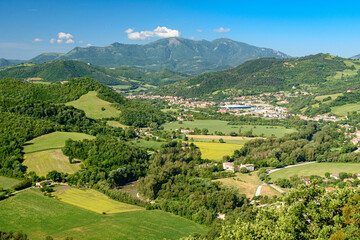 Panoramic view of the Candigliano valley with the town Acqualagna and the mount Nerone in the...