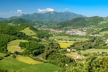 Panoramic view of the Candigliano valley with the town Acqualagna and the mount Nerone in the background, in the Pesaro-Urbino province in central Italy