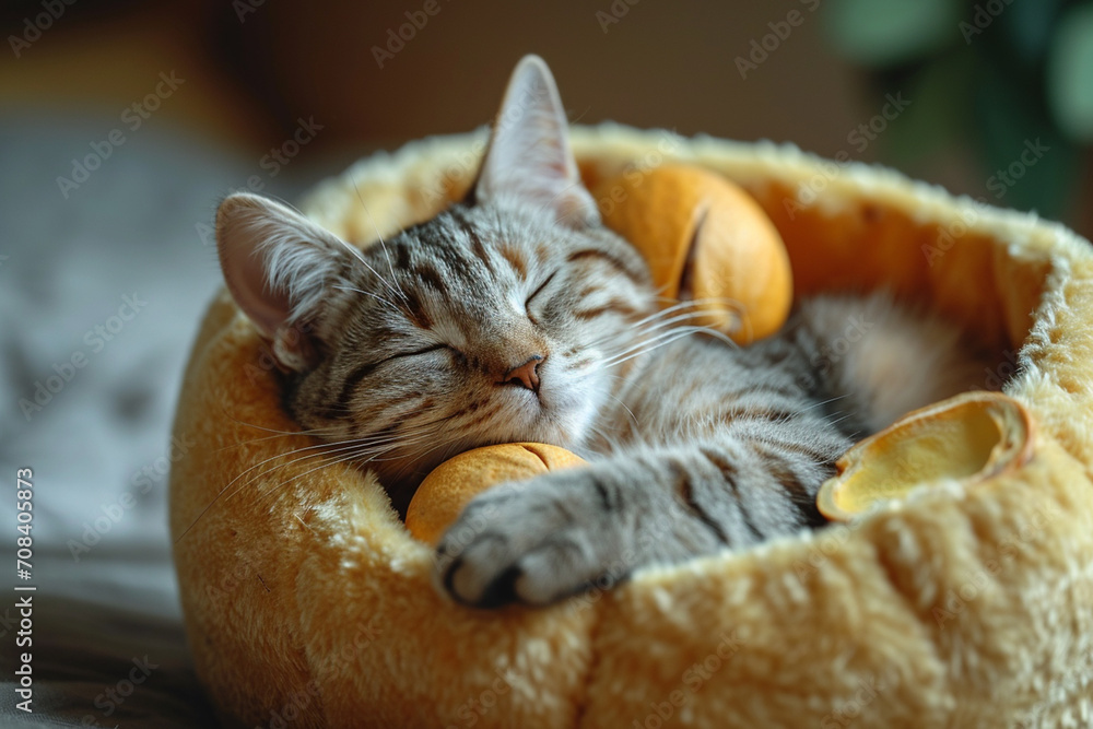 Poster an image of a cat napping inside a half-open pistachio shell.