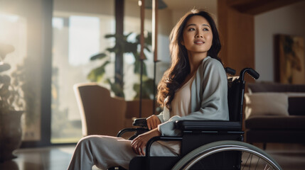Asian Girl with disability Disabled person on a wheel chair in a living room - obrazy, fototapety, plakaty