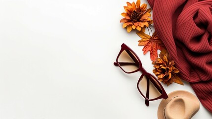 Captivating Autumn Ensemble: Top View of Stylish Accessories, Brimmed Hat, Gloves, and More on a White Surface - Modern Elegance and Seasonal Beauty Unveiled!