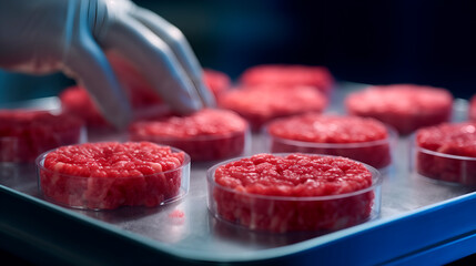 Artificial protein meat grow in laboratory, cell-based synthetic meat , generative by ai 