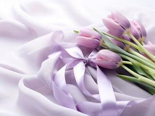 Gift and delicate tulips with silk ribbons in purple tone