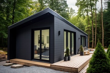 Modern black cabin in the woods