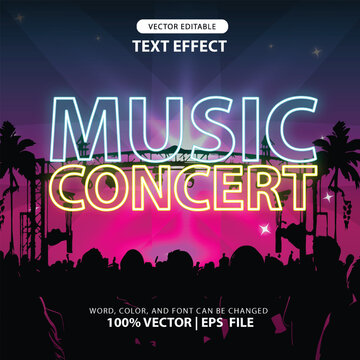 3D editable text concert music effect with glowing light style and music stage and audience background. great for headlines. poster. or music concert design. song event or party