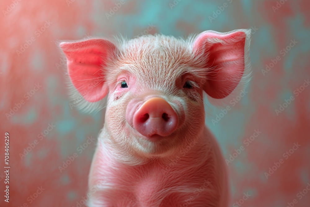 Poster an artistic rendering of a contented pastel piglet with a playful smile.