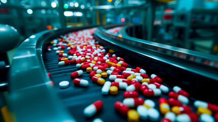Pharmaceutical production line with pills and capsules, concept of medical industry and technology. Shallow field of view.	 - obrazy, fototapety, plakaty