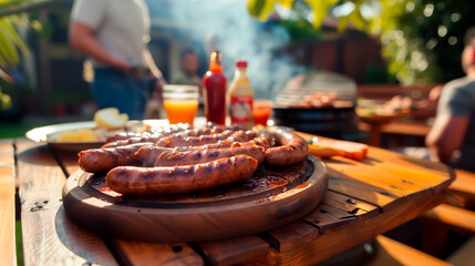 Grilled sausages on a summer BBQ with friends and condiments. Shallow field of view.
