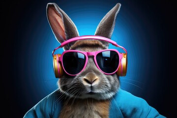 Cool Easter bunny as a dj with sunglasses and headphones.